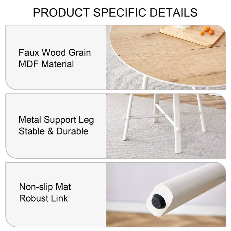 Roomfitters Modern Round Dining Table with 42 Inch Wood Pattern Top and White Metal Legs for Home or Office