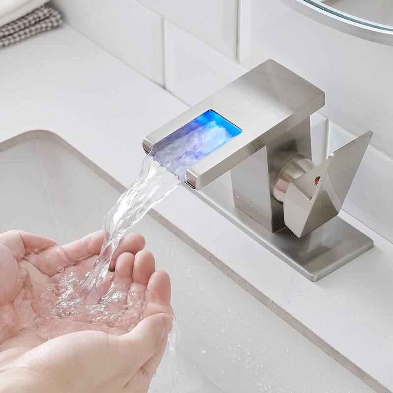 Bathroom Sink Faucet LED Light 3 Colors Changing Waterfall Glass Spout Hot Cold Water Mixer Single Handle One Hole