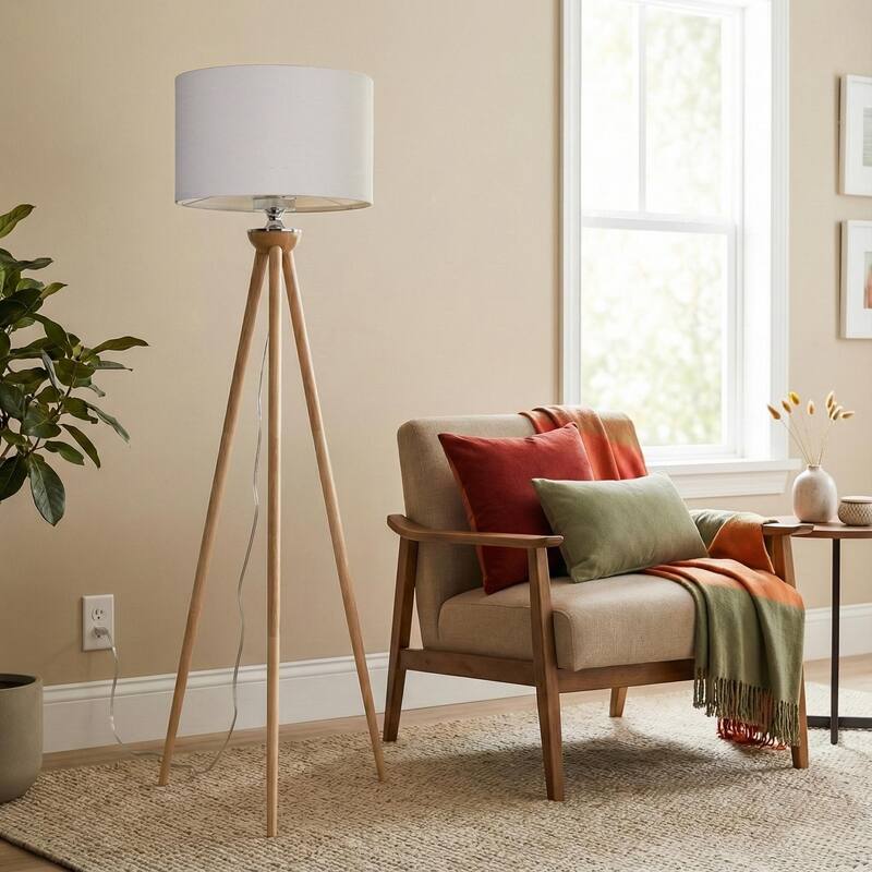 Mary Natural Wood Tripod Floor Lamp with Linen Shade