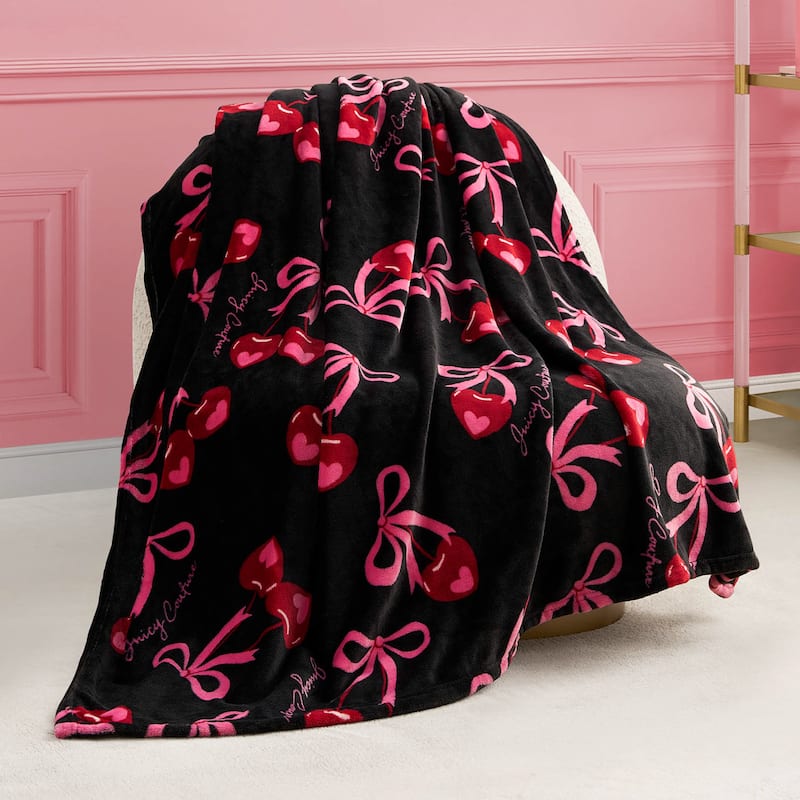 Juicy Couture Printed Plush Throw Blankets - Black/Red/Pink - 50"x70"