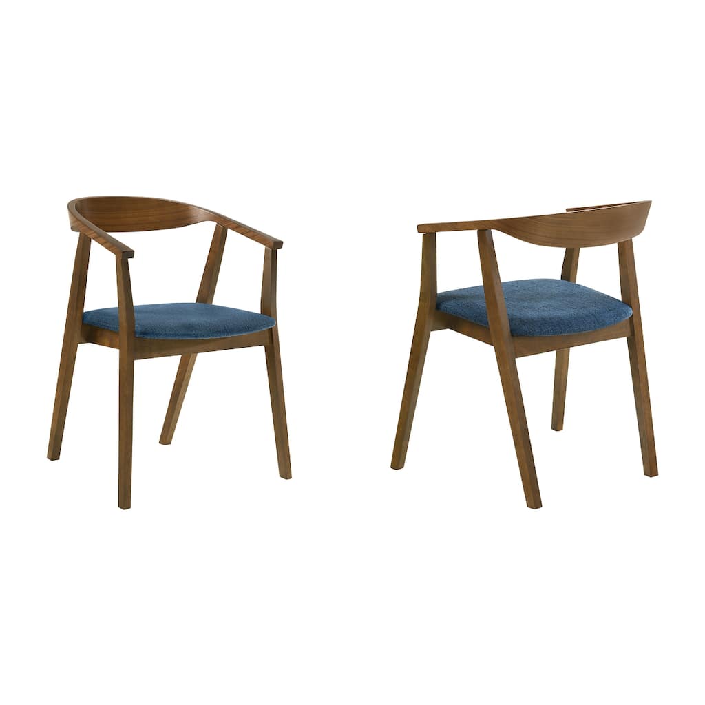Alana Dining Chair Set of 2, Walnut Brown Wood Frame, Blue Fabric