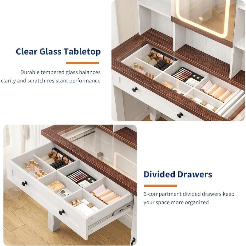 Farmhouse Makeup Vanity Desk with Stool, Mirror and Lights & Power Outlet