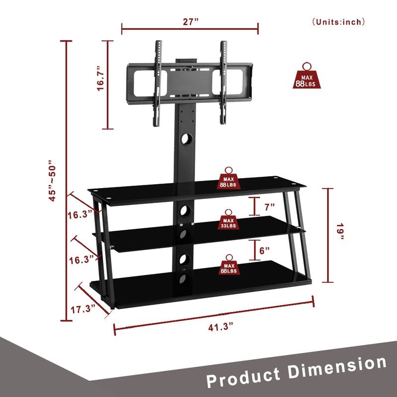Black 41.3" Height Adjustable TV Stand with 3-Tier Shelves for 32-65 Inch TVs