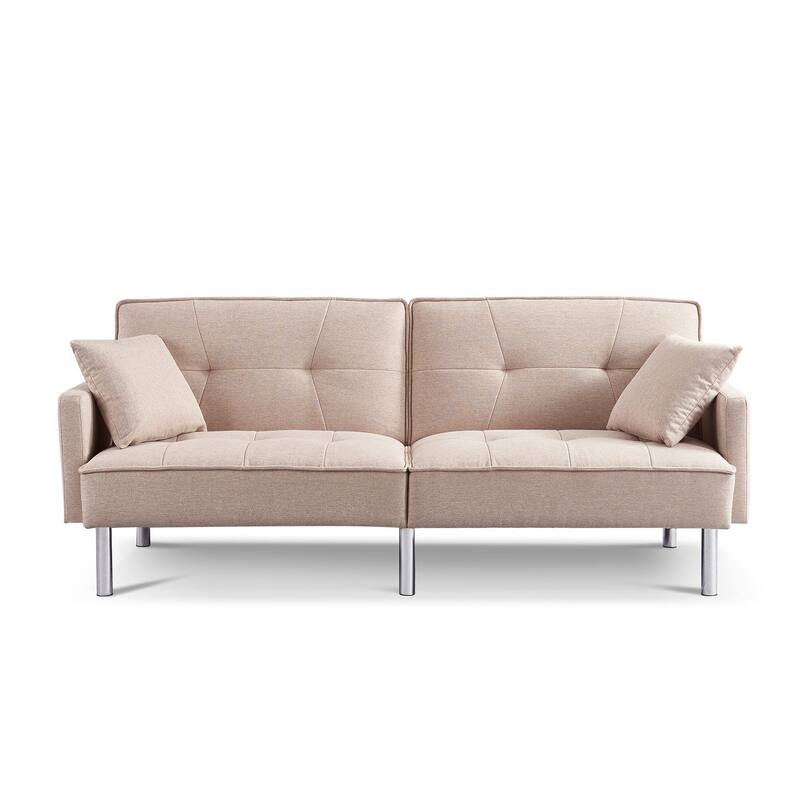 HomeRoots 85" Beige Polyester Blend Convertible Futon Sleeper Sofa And Toss Pillows With Silver Legs - 85