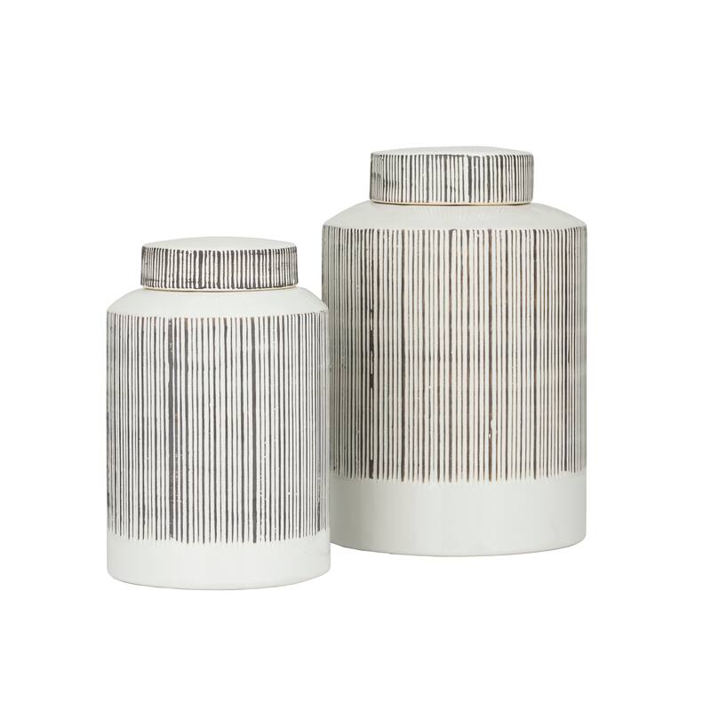 CosmoLiving by Cosmopolitan White Ceramic Striped Living Room Decorative Jars (Set of 2) - 8 x 8 x 13