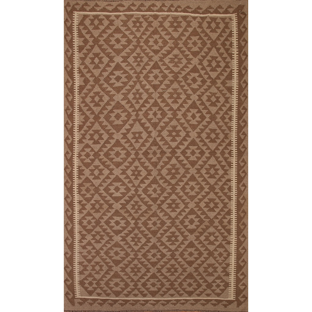 Geometric Kilim Brown Area Rug Flat-weave Wool Carpet - 6'7"x 9'8"