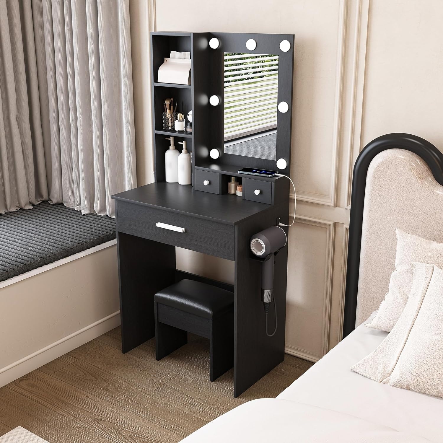 Compact Makeup Vanity Table with Mirror, LED Lights, Power Outlet, Drawers, and Stool