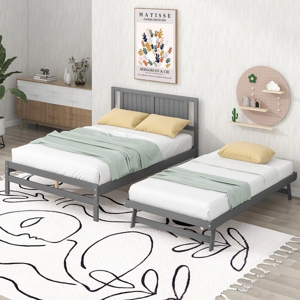 slide 2 of 9, Grey Wood Full Size Platform Bed with Adjustable Trundle Gray - Full