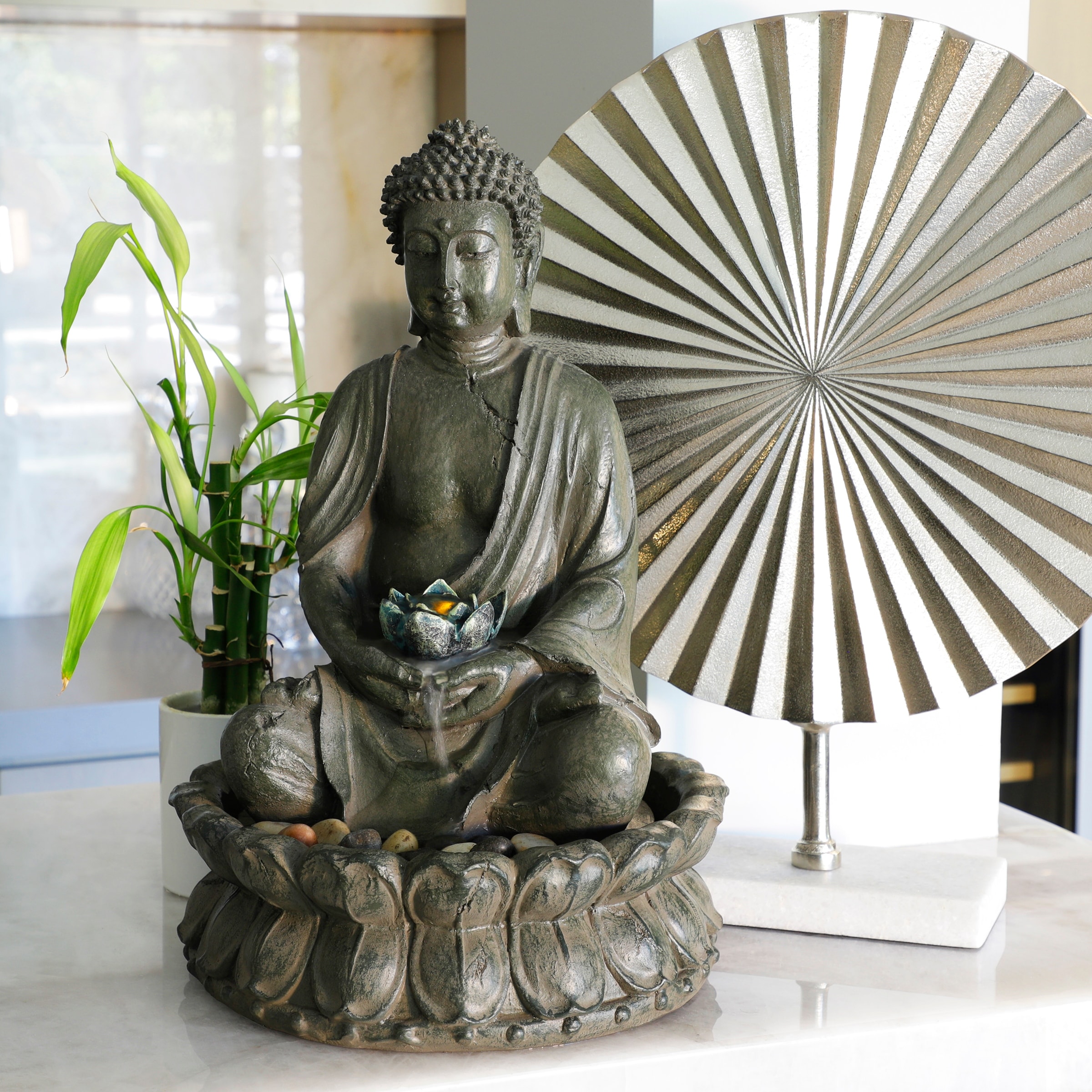 Alpine Corporation 19" Tall Indoor/Outdoor Tabletop Meditating Buddha with Lotus Flower Fountain with LED Light