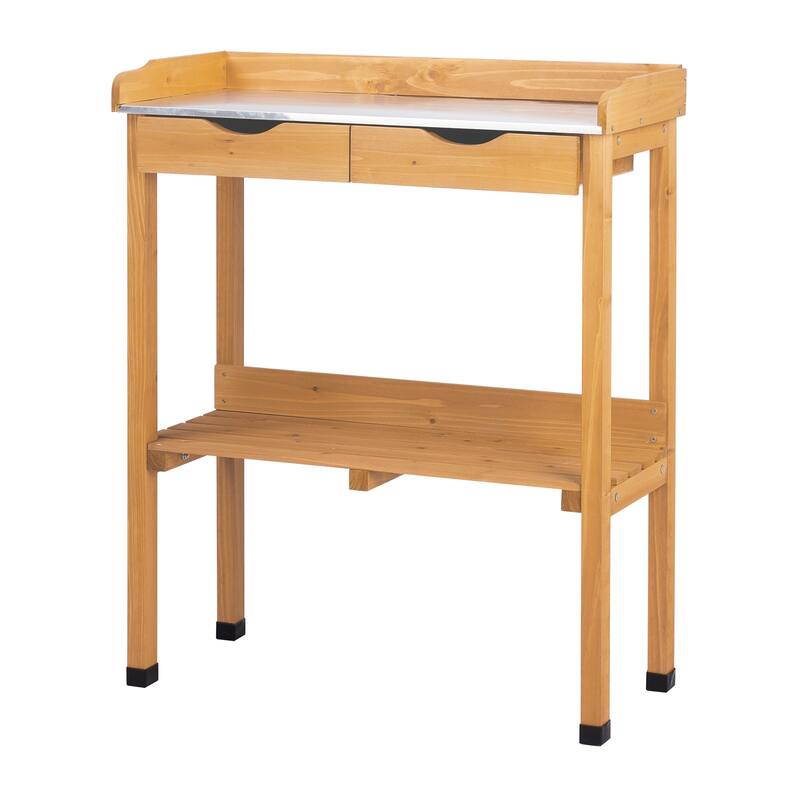 Natural Wood Potting Bench with Metal Top and 2 Drawers Lower Shelf and Hooks for Gardening - 29.8” x 14.6” x 36.4”