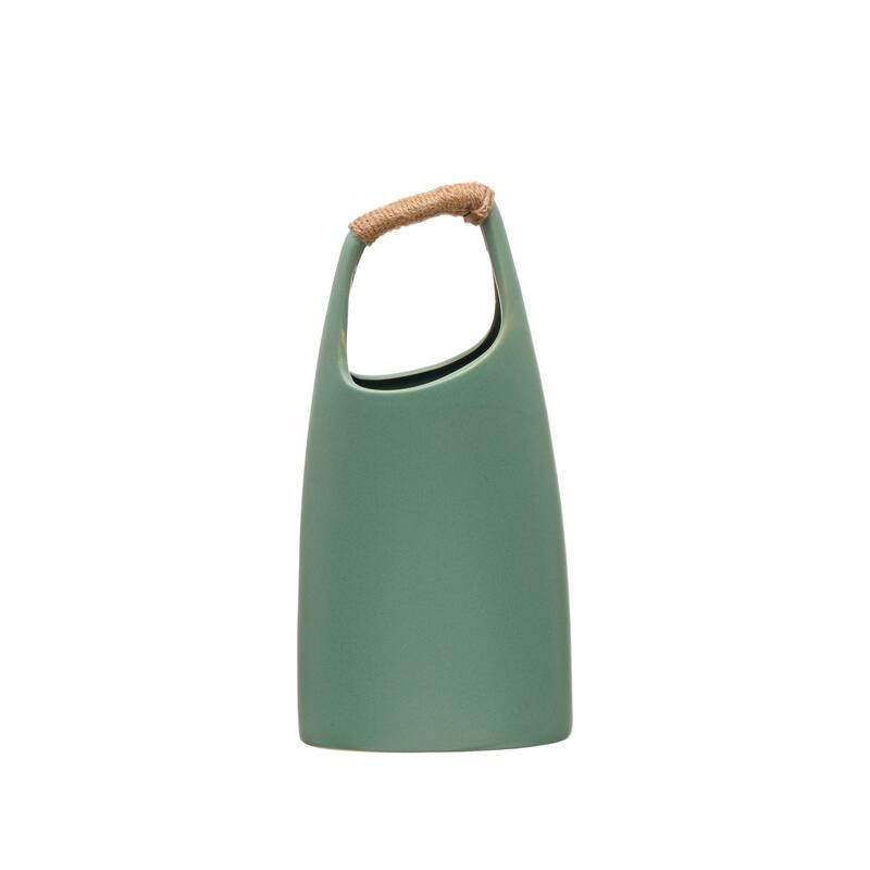 Stoneware Vase with Rattan Wrapped Top Handle - Green - 6.5"L x 3.5"W x 13.3"H