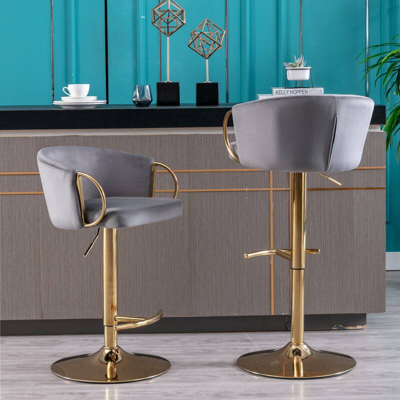 2 Velvet Bar Stools with Chrome Footrest and Base Swivel Height Adjustable - N/A