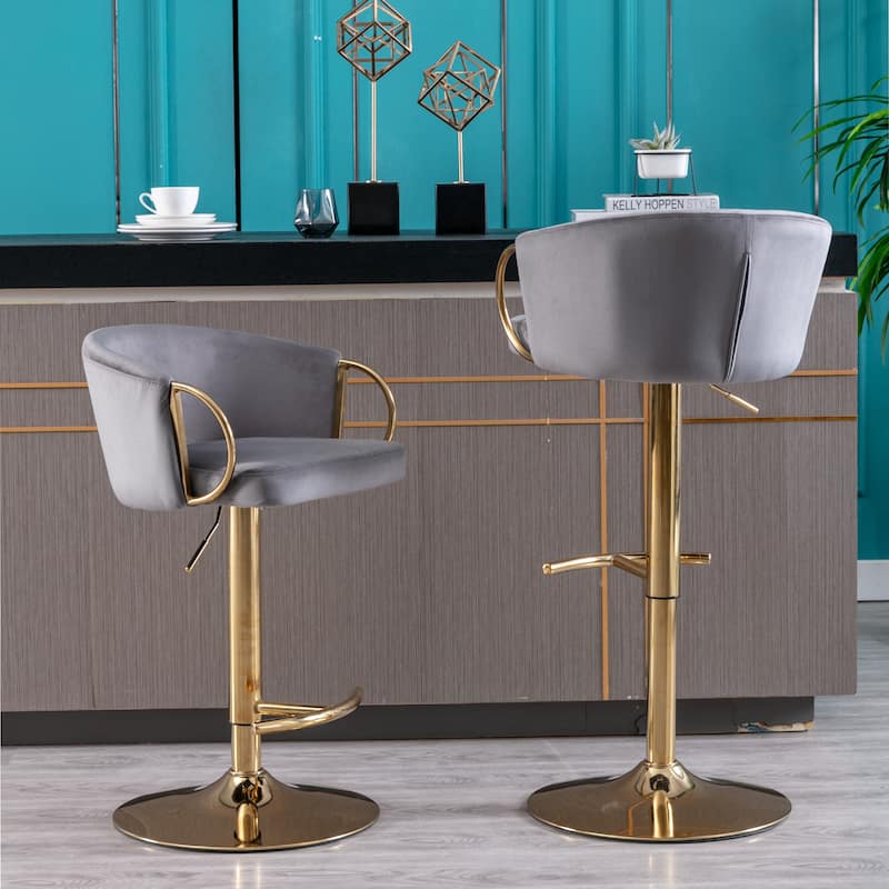 Set of 2 Adjustable Swivel Bar Stools, Grey Velvet with Chrome Footrest & Gold Legs