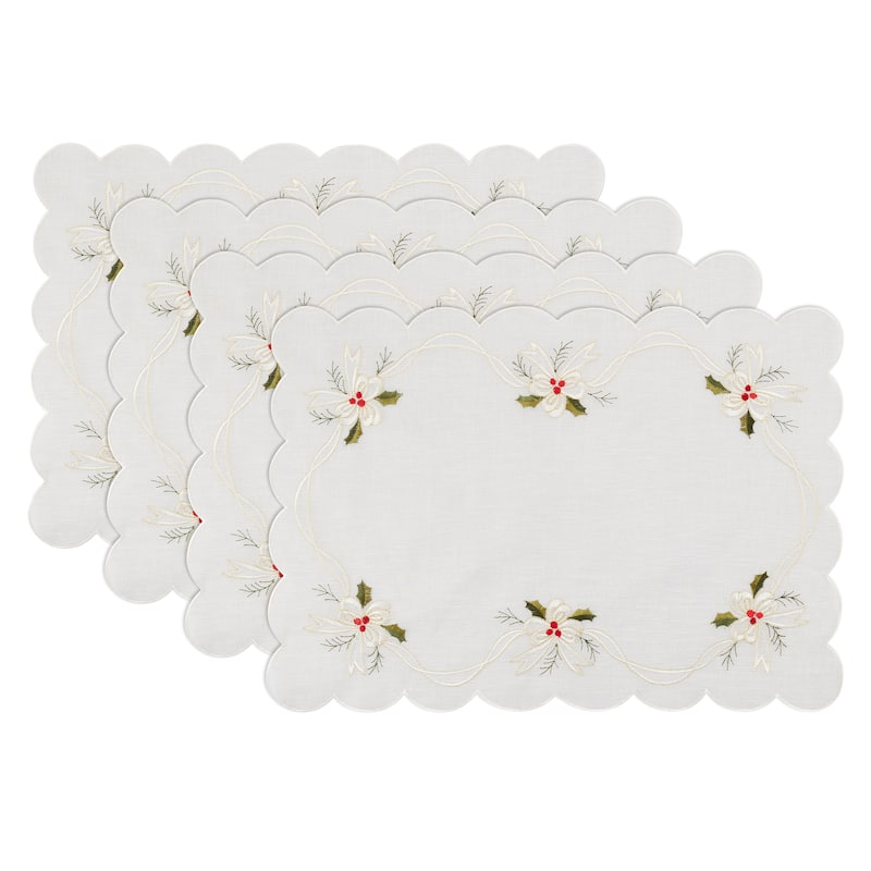 Embroidered Placemats With Holly and Ribbon Design (Set of 4)