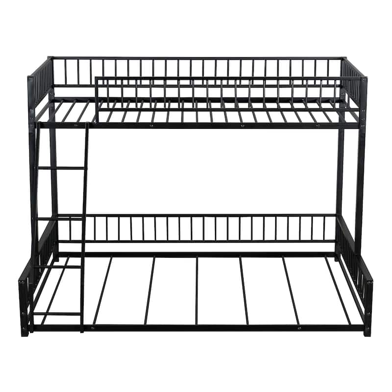 Roomfitters Twin/Full XL over Queen Floor Bunk Bed Frame with Ladder and Safety Guardrails Easy Assembly, Black