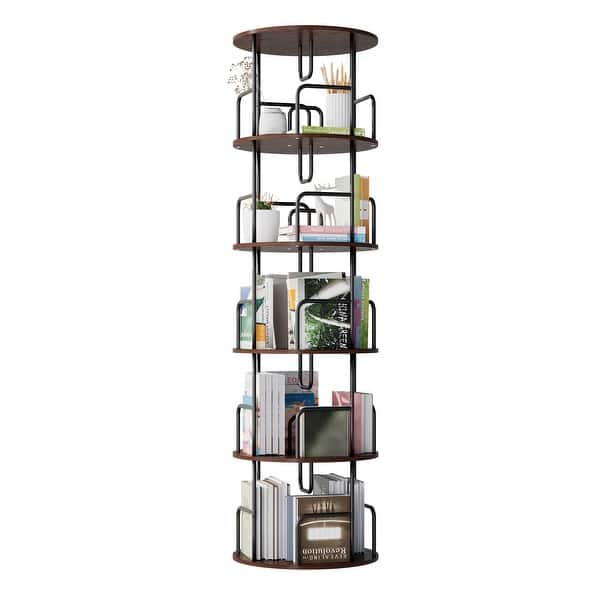 slide 2 of 8, Rotating Bookshelf Tower 5 Tier, Spinning Bookcase, Vertical Turning Round storage Bookshelf Walnut Brown