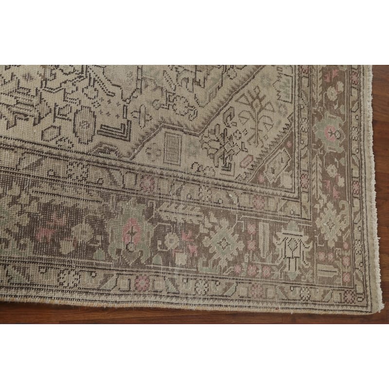 Distressed Beige Tabriz Persian Vintage Area Rug Handmade Wool Carpet - 6'7" x 9'6"