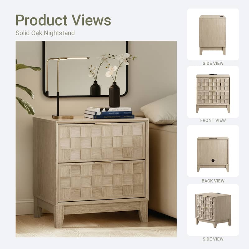 22" Modern Nightstand with Charging Station & 2 Drawers - Compact Bedroom Side Table​