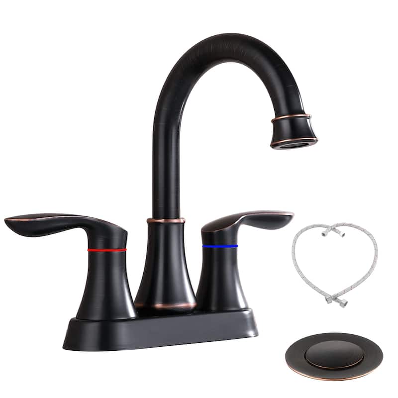 Centerset Bathroom Sink Faucet With Pop-up Drain Double Handle 4 Inch Bathroom Faucet 2 Hole High Arc Lavatory Basin Vanity Tap - Oil Rubbed Bronze