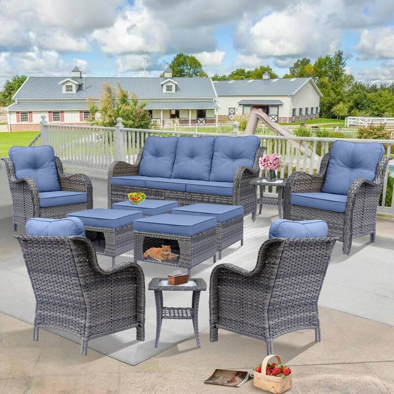 Gray Rattan Wicker High Back Outdoor Patio Furniture Sofa Seating Set