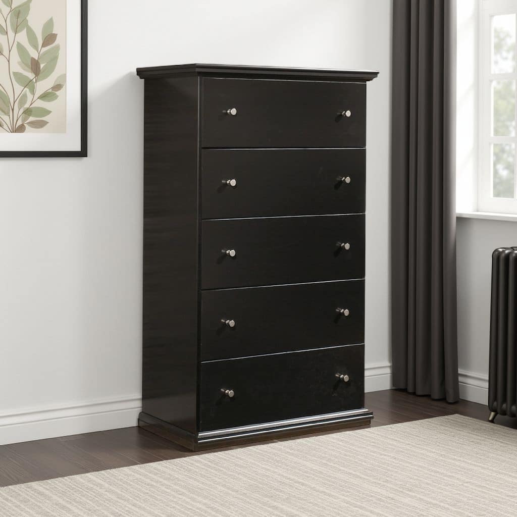 Boli Tall Dresser Chest, 5 Storage Drawers, Black Molded Trim Details