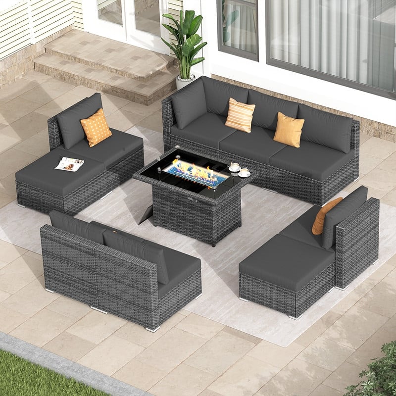FINCATI 10-Piece Outdoor Wicker Sectional Furniture Set with Fire Pit Table for Backyard Patio - 10 PCS