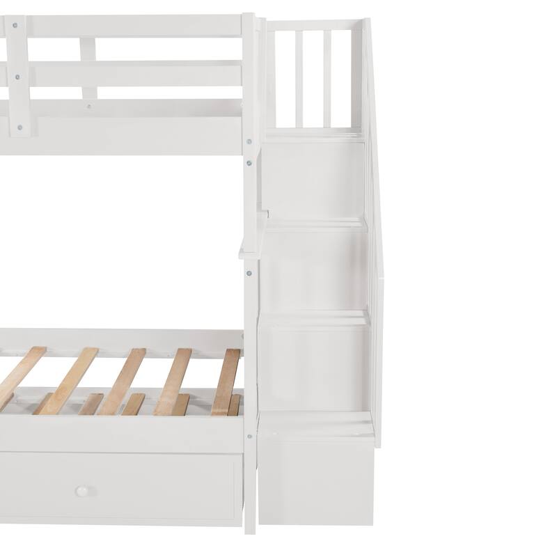 Twin-Over-Twin Bunk Bed with Trundle, White, Pinewood, Storage Shelves, No Box Spring Required