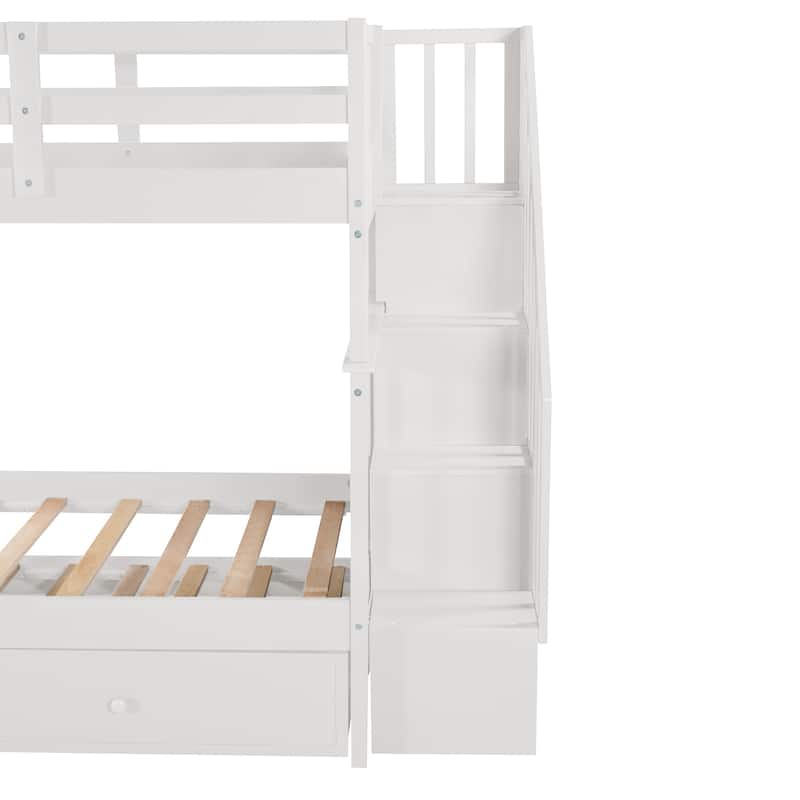 Twin Over Twin Bunk Bed with Trundle & Storage Stairway, Wood Bunk Bed