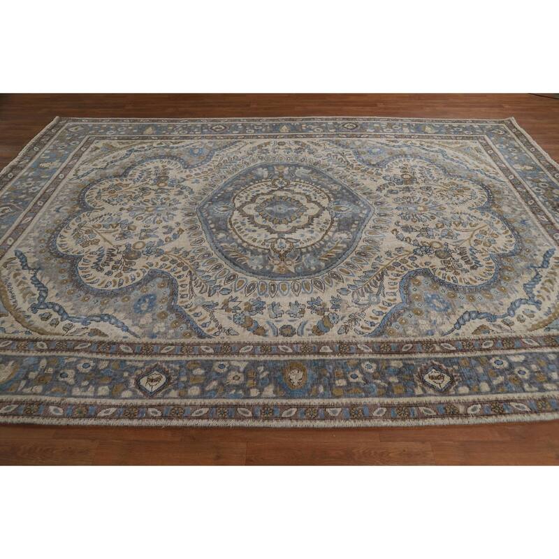 Tabriz Persian Area Rug Hand-Knotted Floral Beige Wool Carpet - 8'2"x 11'0"