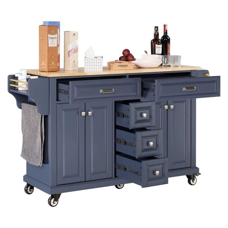 Kitchen Island with Rubber wood Countertop, Kitchen Cart on 5 Wheels with Storage Cabinet and 5 Drawers for Dinning Room