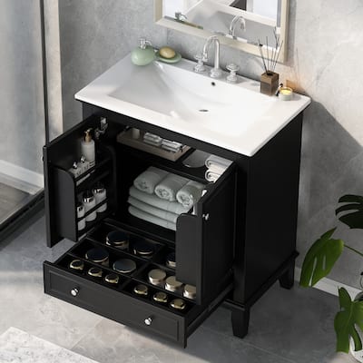 30" Bathroom Vanity with Ceramic Sink, Solid Wood & MDF Base, Adjustable Shelf, Storage Cabinet with Doors