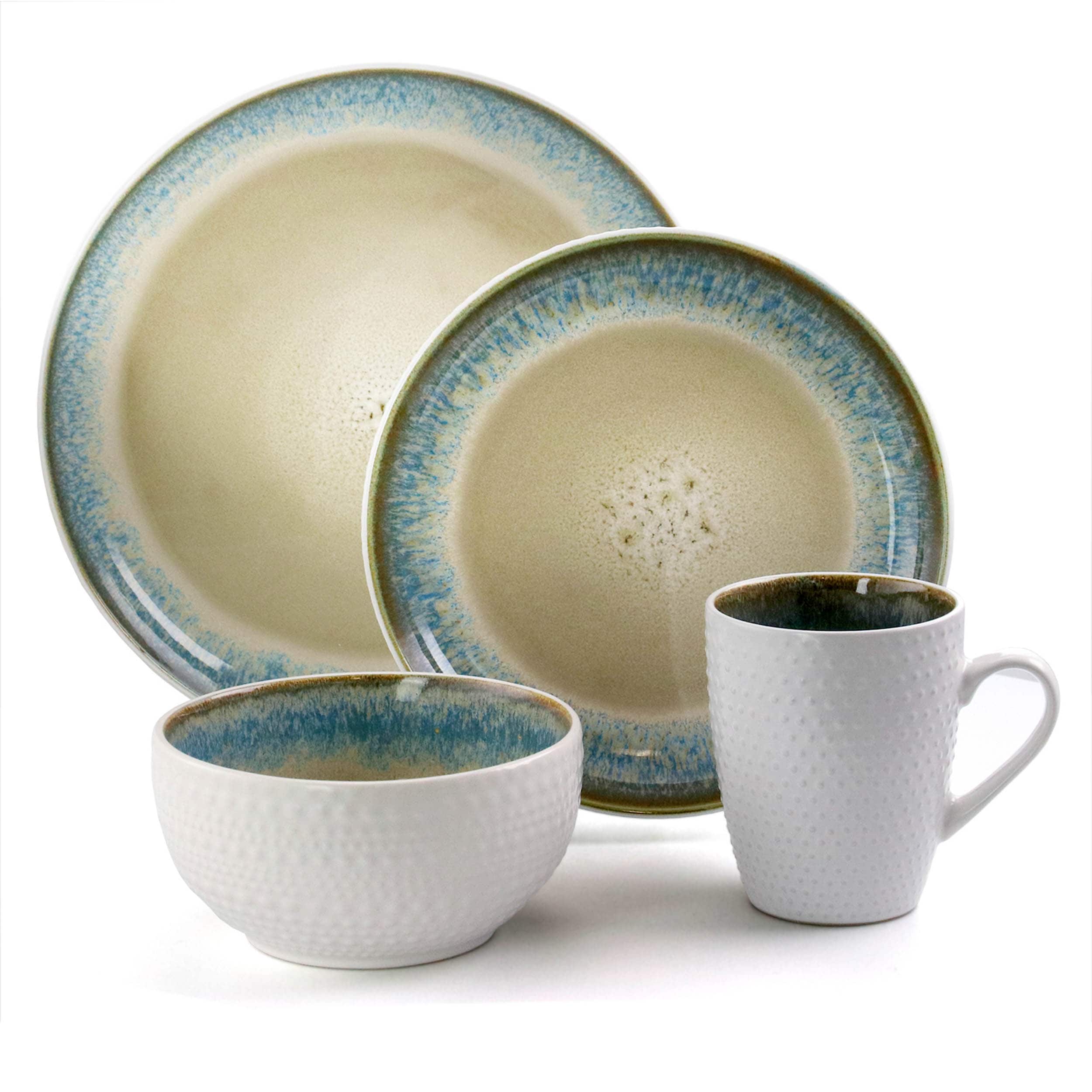 16 Piece Spot Textured Stoneware Dinnerware Set in White with Beige and Blue Interior