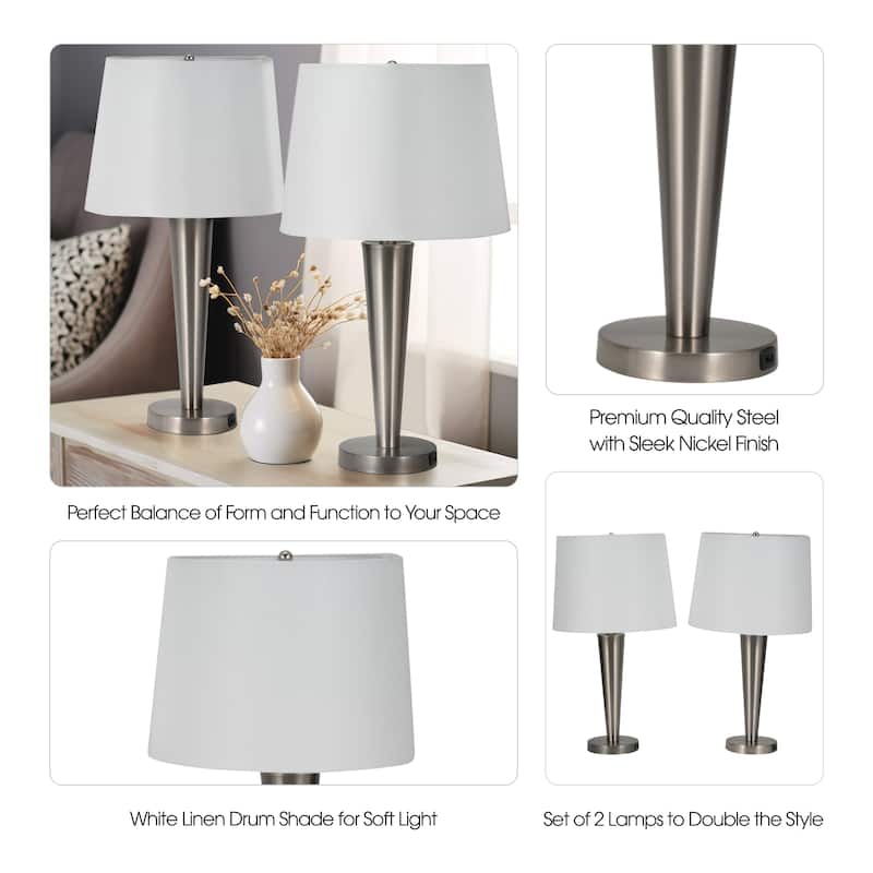 Sagebrook Home Set of Two, Slim Cone Table Lamps, Nickel, Steel and Linen Construction, Silver Finish, Modern - 14" x 14" x 25"