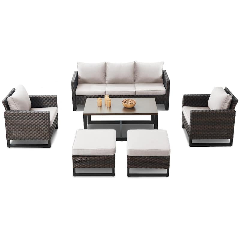 6 Piece Outdoor Sofa with Chair with Ottoman Set - Brown/Beige