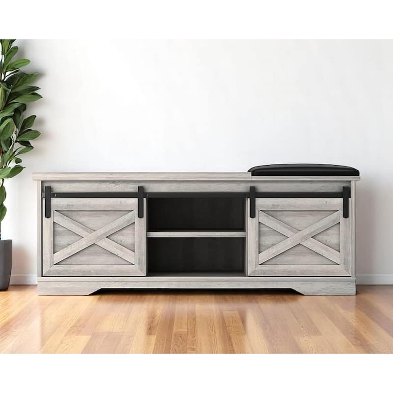 HomeRoots 47" Gray Faux Leather Upholstered Storage Bench with Shelves - 47.24 in. x 17.72 in. x 15.35 in. - 47.24 in. x 17.72 in.  x 15.35 in. - Gray
