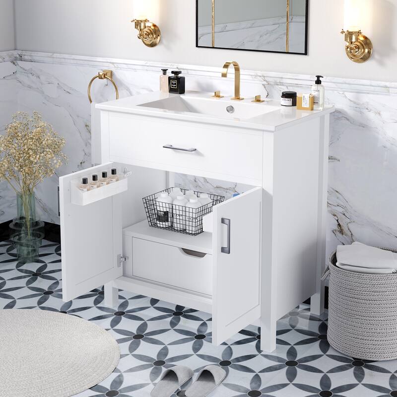30 in. W x 18.3 in. D x 34 in. H Single Sink Freestanding Bath Vanity in White with White Ceramic Sink