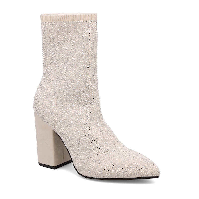 MIA Magdalena Rhinestone Stretch-Knit Sock Bootie - Off White - 7