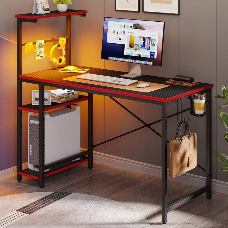 Bestier 44 in. Rectangular Gaming Desk with 4 Tier Storage Shelves Computer Desk with RGB LED Lights