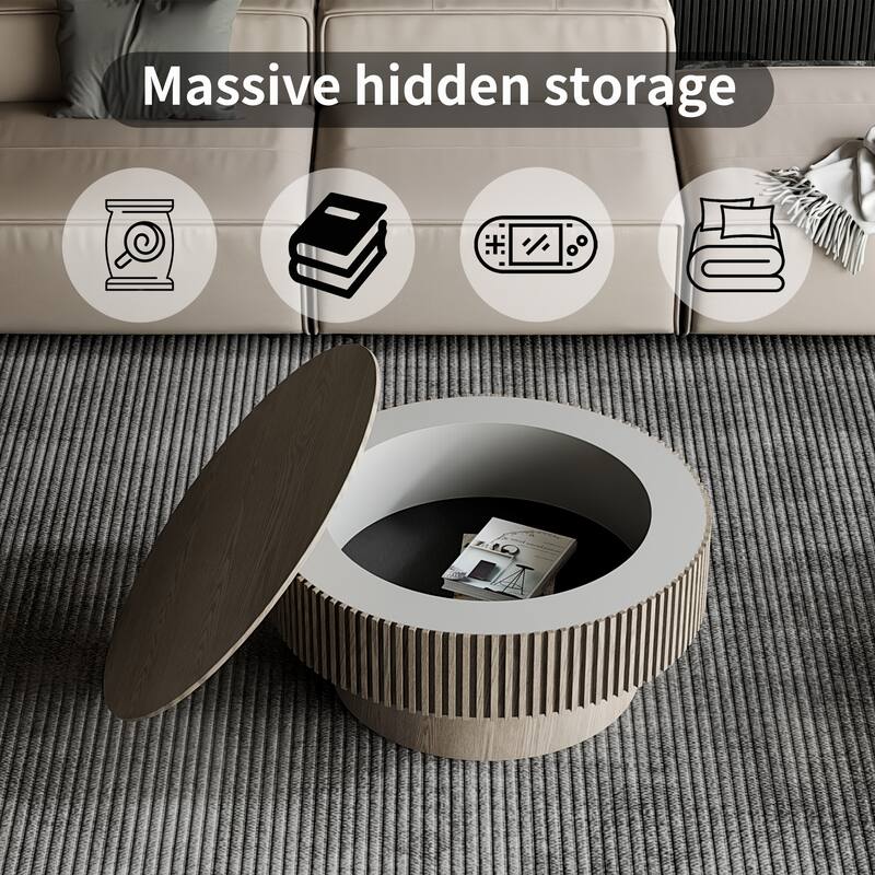 Modern 31.5" Round Coffee Table with Storage Solid Wood Veneer for Living Room and Bedroom Use