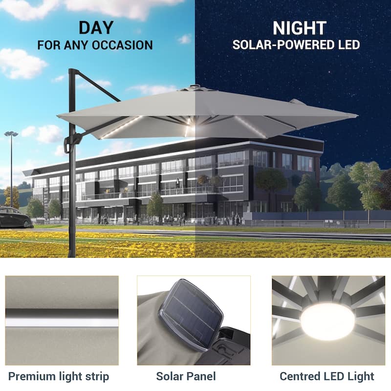 LIVOOSUN 11.5x9FT LED Cantilever Patio Umbrella Solution-Dyed Fabric w/Base