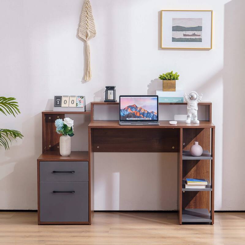 Ivinta Computer Desk with Drawers and Hutch, Modern Office Desk with File Cabinet, Small Desk for Bedroom - Brown