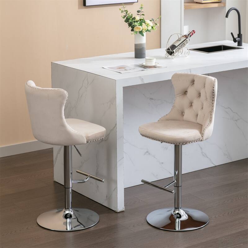 2 Piece Adjustable Swivel Velvet Upholstered Barstool with Chrome Base
