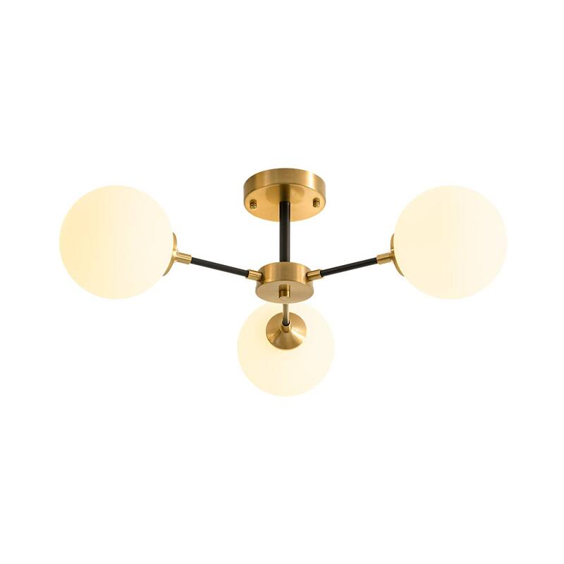 3-Light Brass Black Frosted White Glass Sputnik Semi Flush Mount - 26 Inches