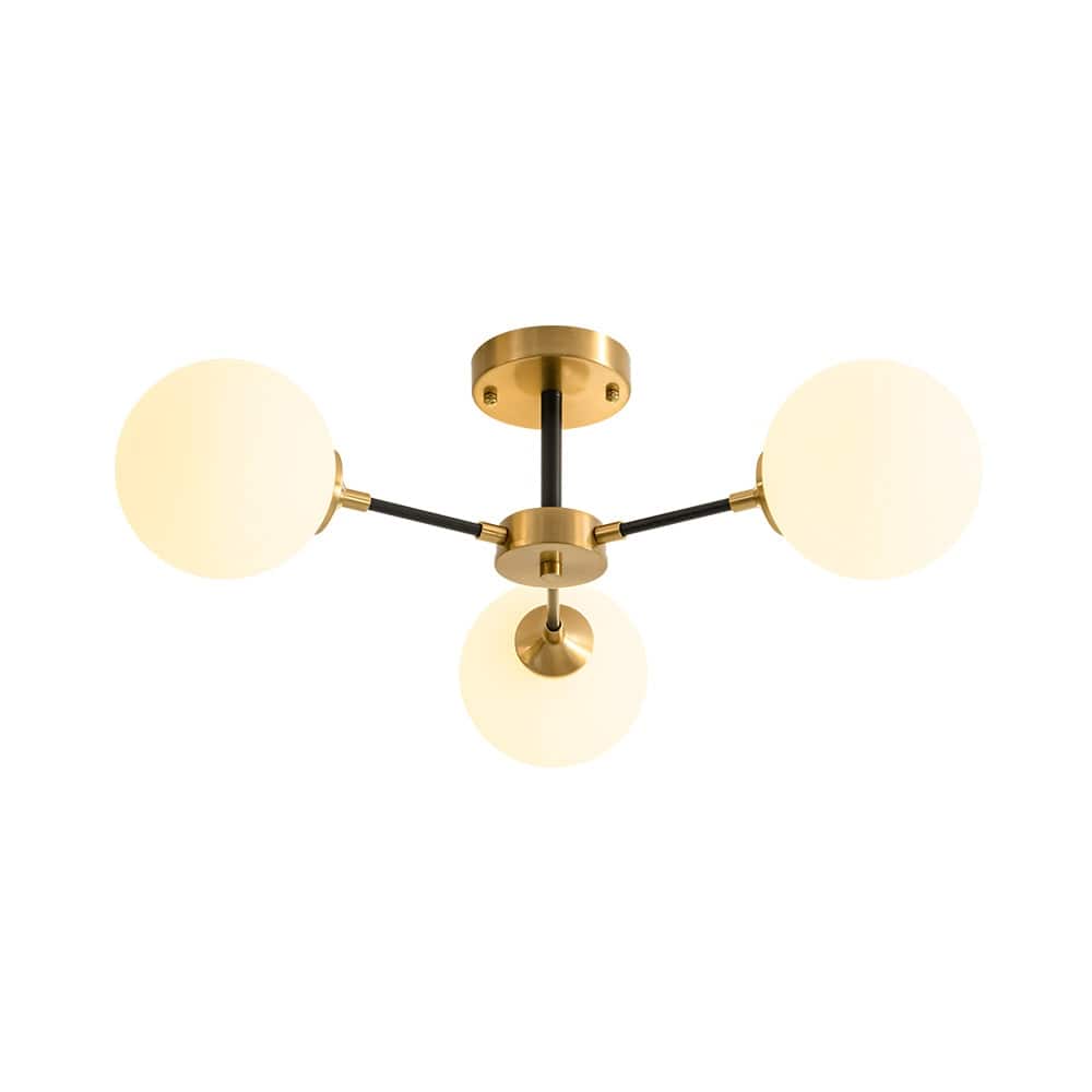 3-Light Brass Black Frosted White Glass Sputnik Semi Flush Mount - 26 Inches
