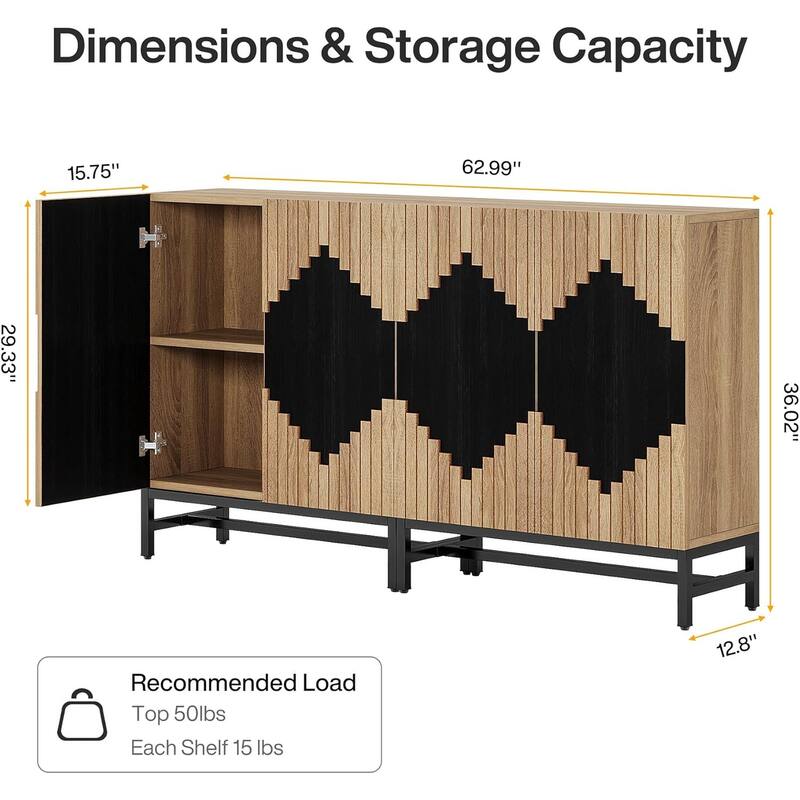 Farmhouse Buffet Sideboard Cabinet with Shelves Geometric Two-Tone Doors Storage TV Stand for Kitchen Dining Living Room