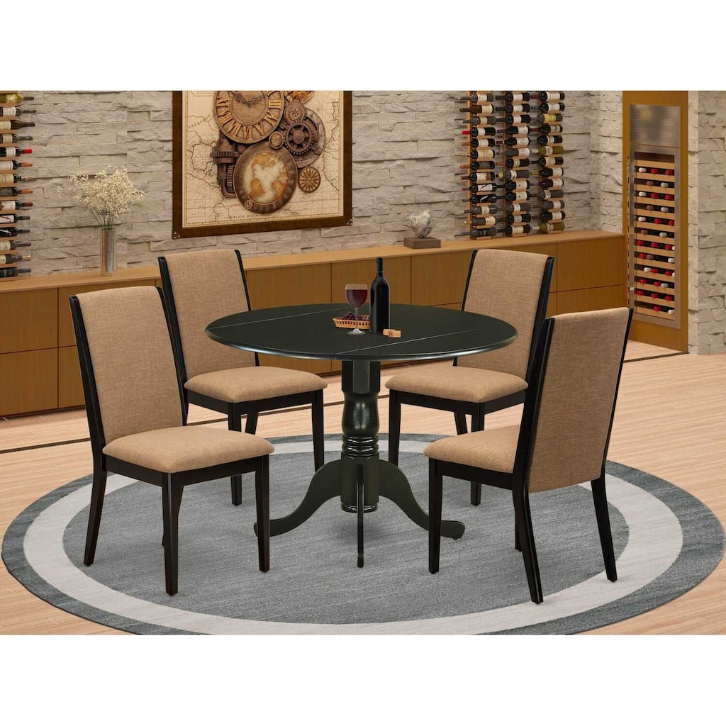 HomeStock 5-Piece Round Black Finish Solid Wood Top Dining Table with 4 Parson Chair with Lattice Back