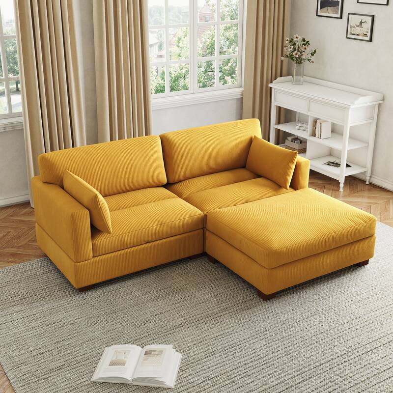 85in.W Corduroy Modular 3-Piece L-Shaped Sectional Sofa with Ottoman