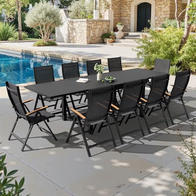 VredHom 11PC Outdoor Patio Aluminum Expandable Rectangle Dining Set Table with Folding Chairs