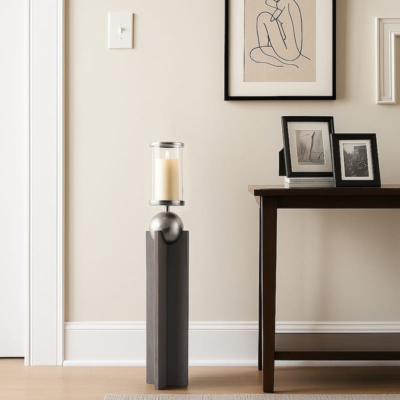 Candle Holder - Gray Wood Pillar with Metal Sphere - 36.0"