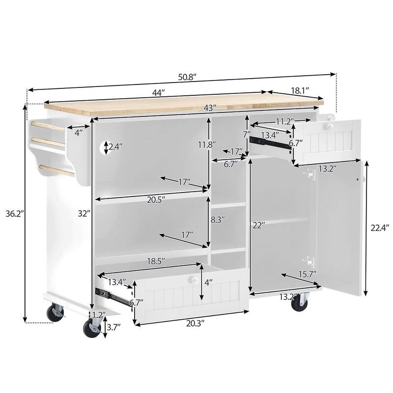 50.80 "W Versatile Solid Wood Countertop Kitchen Island with Storage and Two Locking Wheels